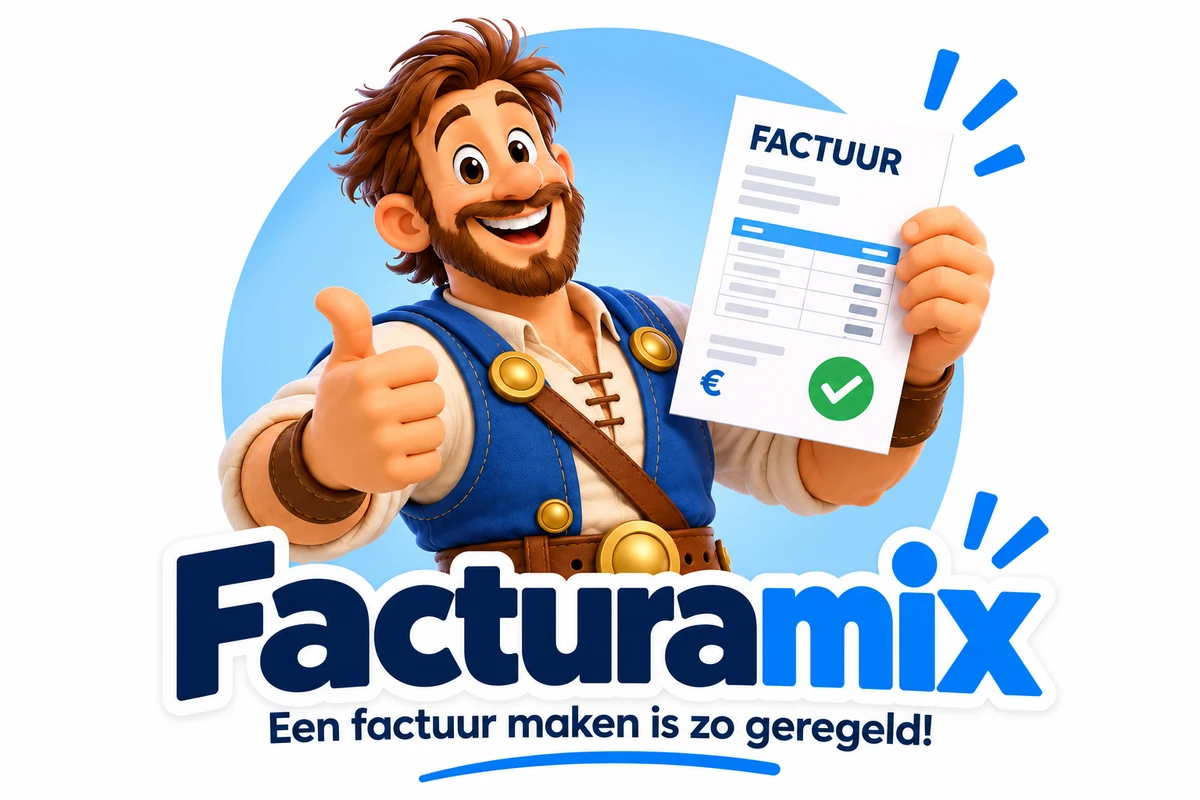Facturamix — Een factuur maken is zo geregeld! Mascotte met factuur en duim omhoog.